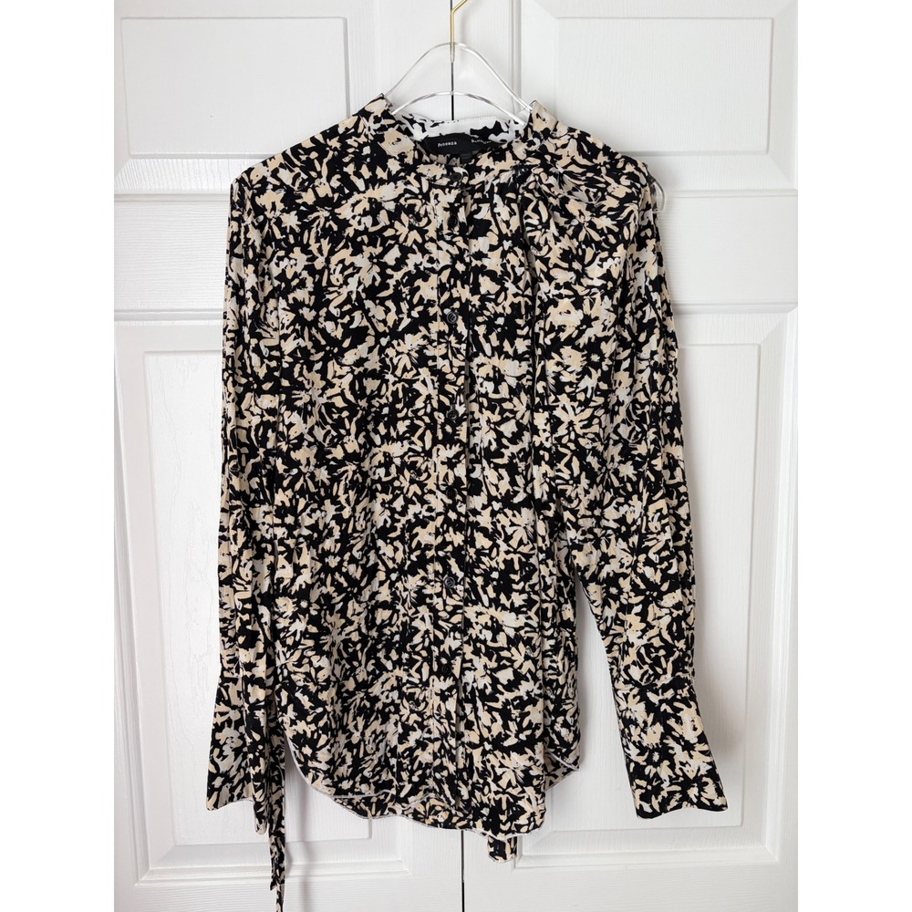 Proenza Schouler Blouse Women 2 Black Silk Blend Abstract Floral Side Tie Top